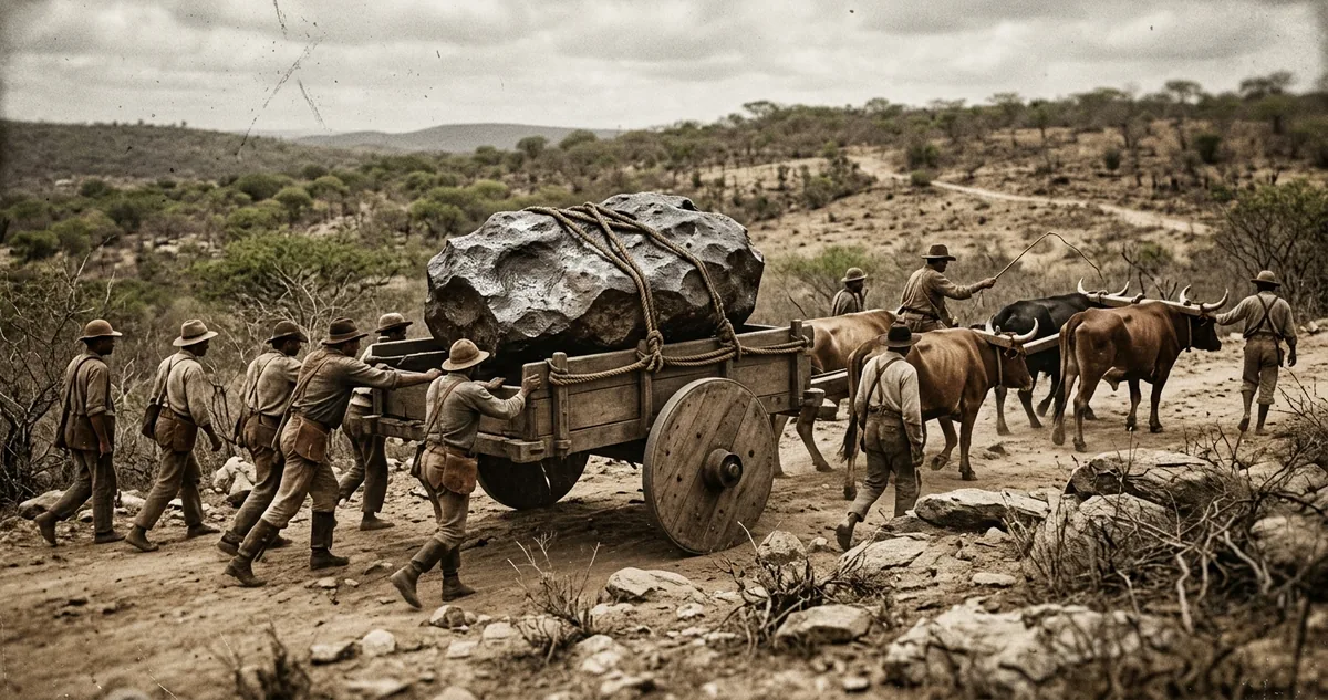 Comissão arrasta o meteorito Bendegó num carro de bois pelo sertão da Bahia, em 1888.