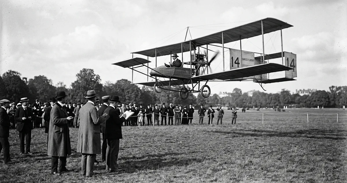 O 14 Bis de Santos Dumont decola no Campo de Bagatelle, em Paris, em 23 de outubro de 1906.
