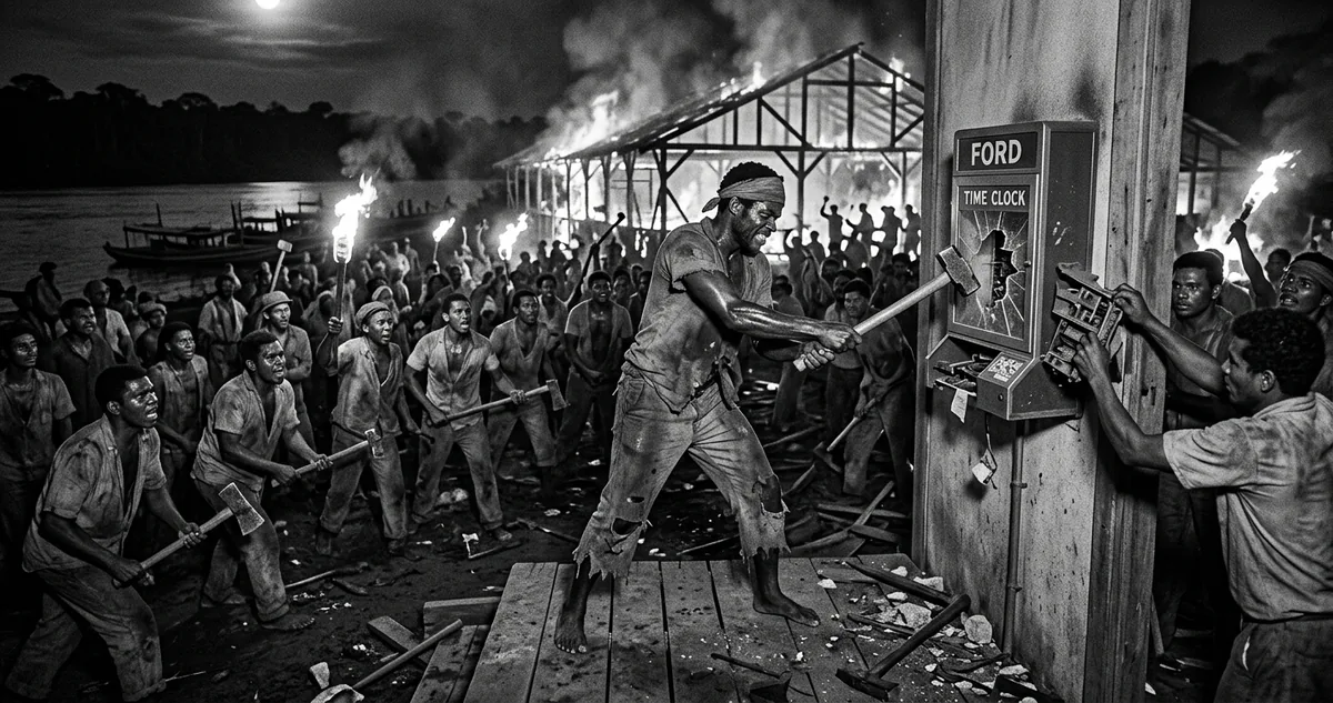 Trabalhadores derrubam o refeitório e os relógios de ponto da vila de Fordlândia, no rio Tapajós, em dezembro de 1930.