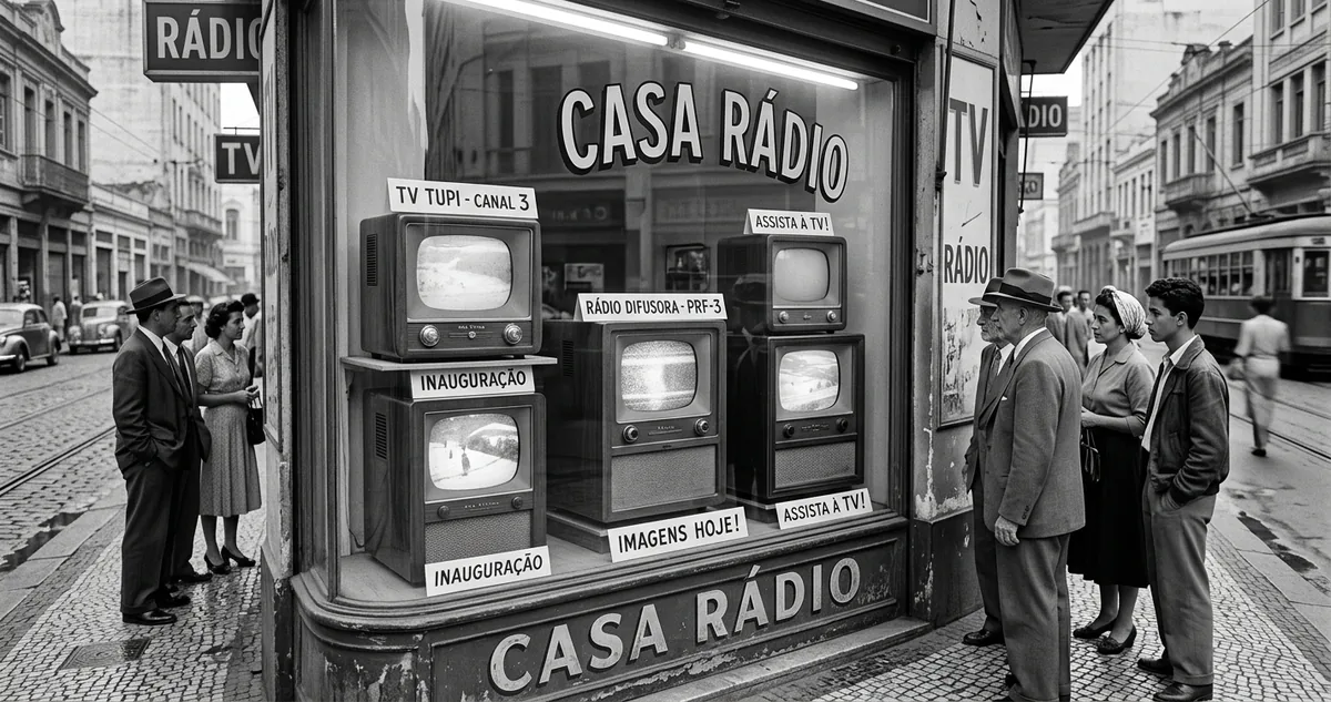 Multidão diante de uma vitrine com televisores no centro de São Paulo, em 1950, no dia da estreia da PRF-3.