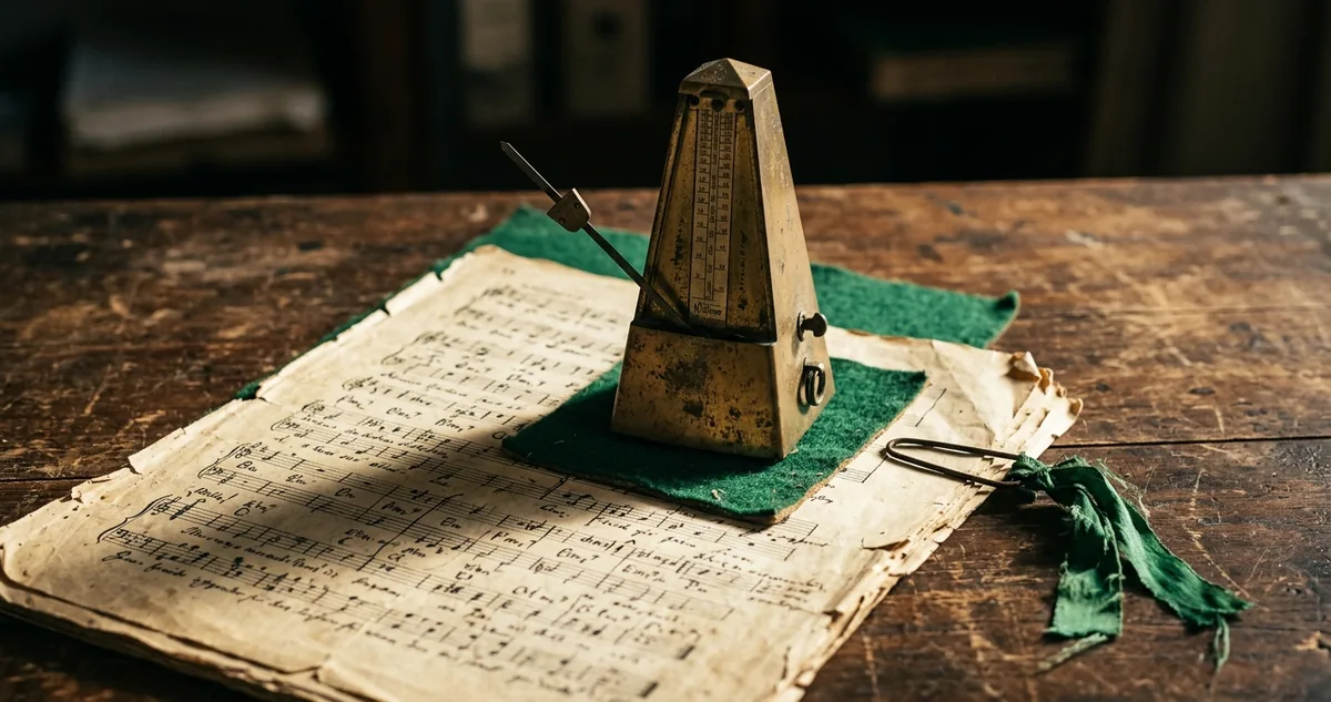 Disco de goma-laca de 78 rotações da gravadora Odeon sobre mesa de arquivo, ao lado de partitura manuscrita de 1958.