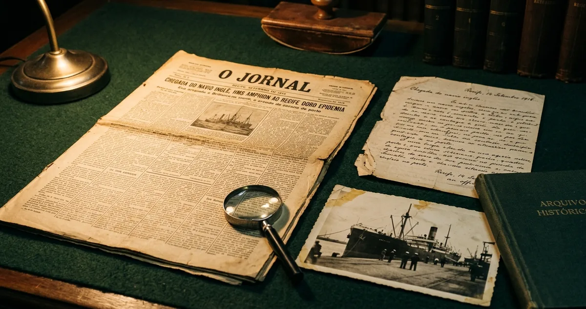 Paquete a vapor atracado em cais nordestino em 1918, prancha de desembarque baixada e carregadores no costado.
