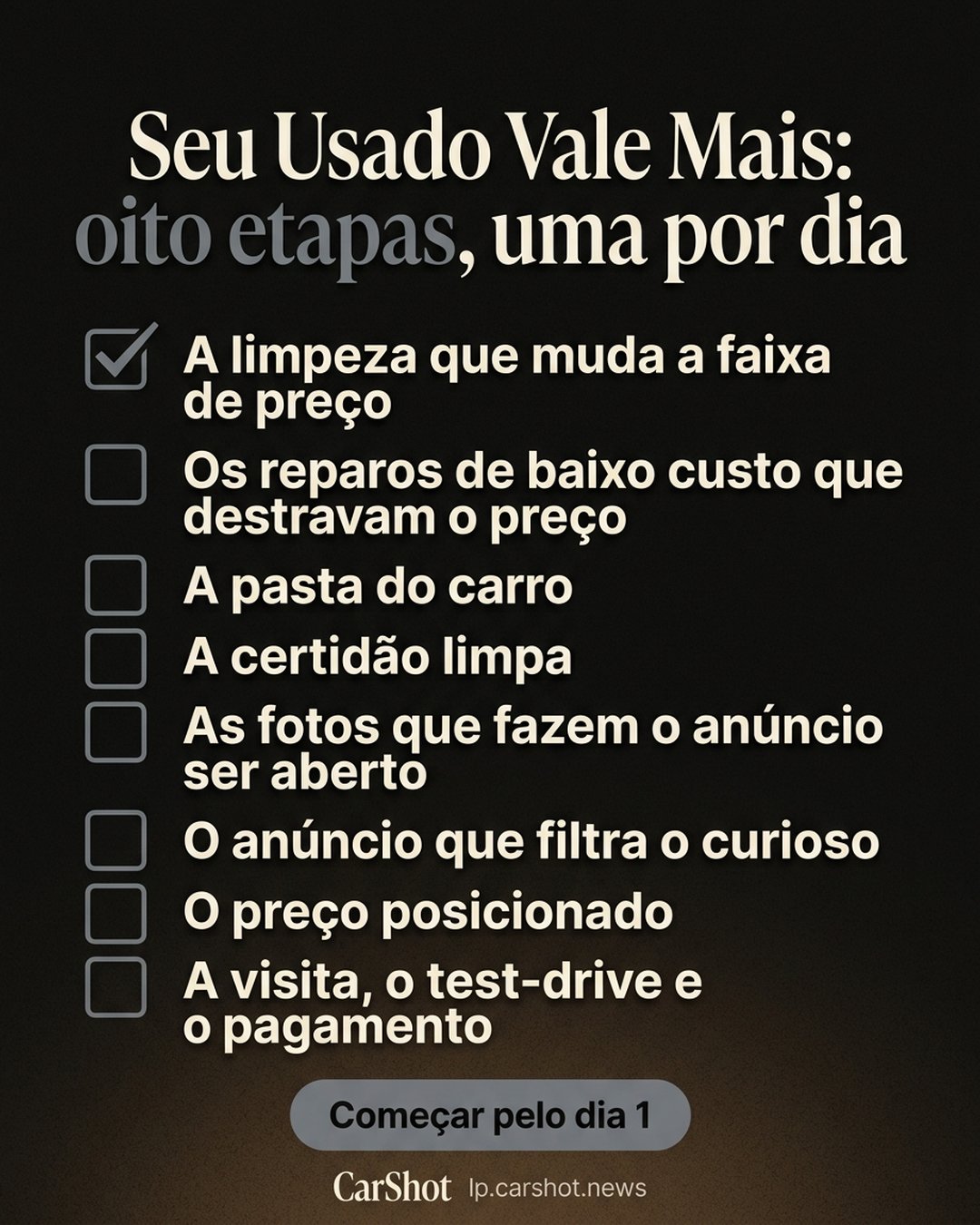 Seu Usado Vale Mais: oito etapas, uma por dia: A limpeza que muda a faixa de preço, Os reparos de baixo custo que destravam o preço, A pasta do carro, A certidão limpa, As fotos que fazem o anúncio ser aberto, O anúncio que filtra o curioso, O preço posicionado, A visita, o test-drive e o pagamento. Começar pelo dia 1.