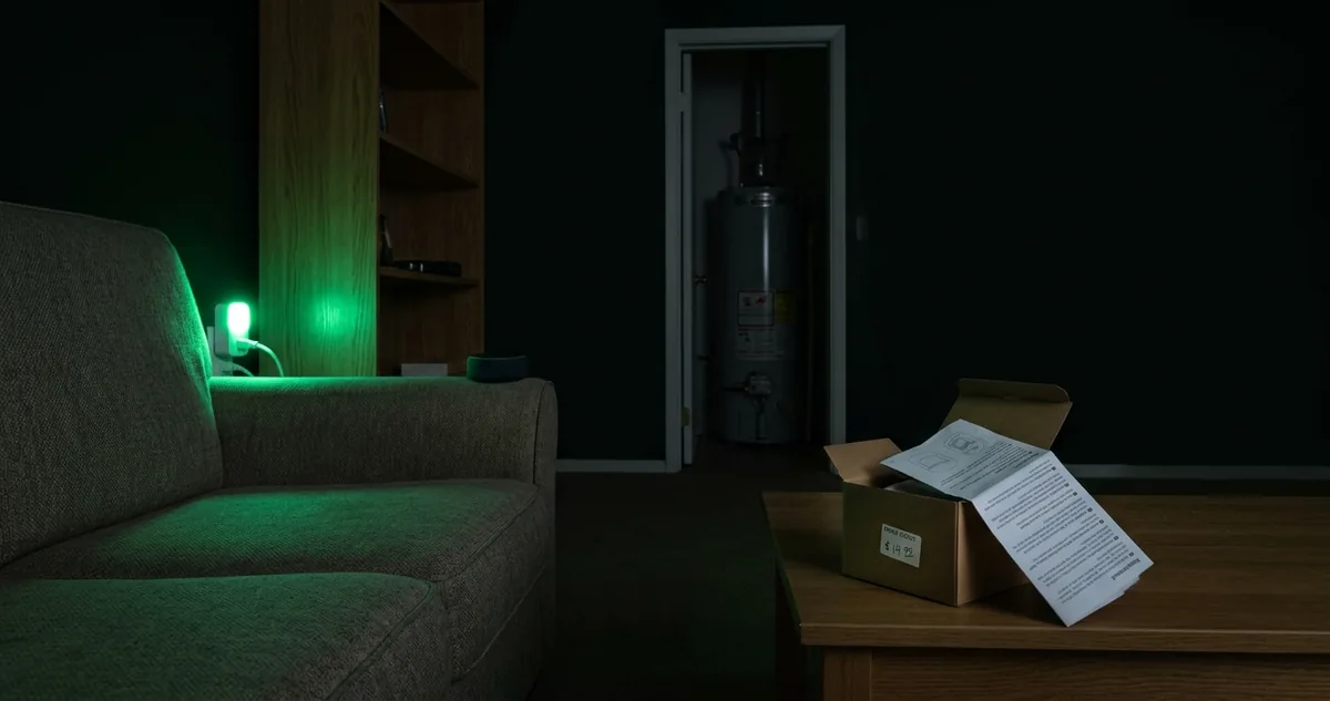 Tomada Wi-Fi ligada atrás do armário, LED verde aceso no escuro, cabo do boiler ao lado.
