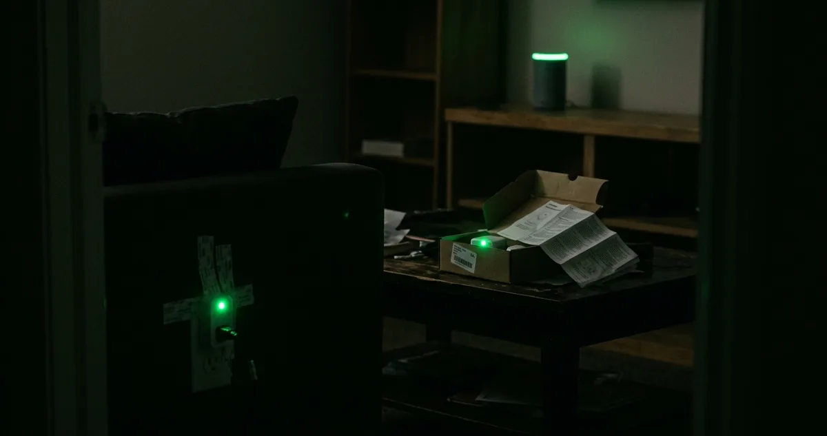 Lâmpada, tomada inteligente e aspirador robô na sala vazia logo depois da saída do morador.