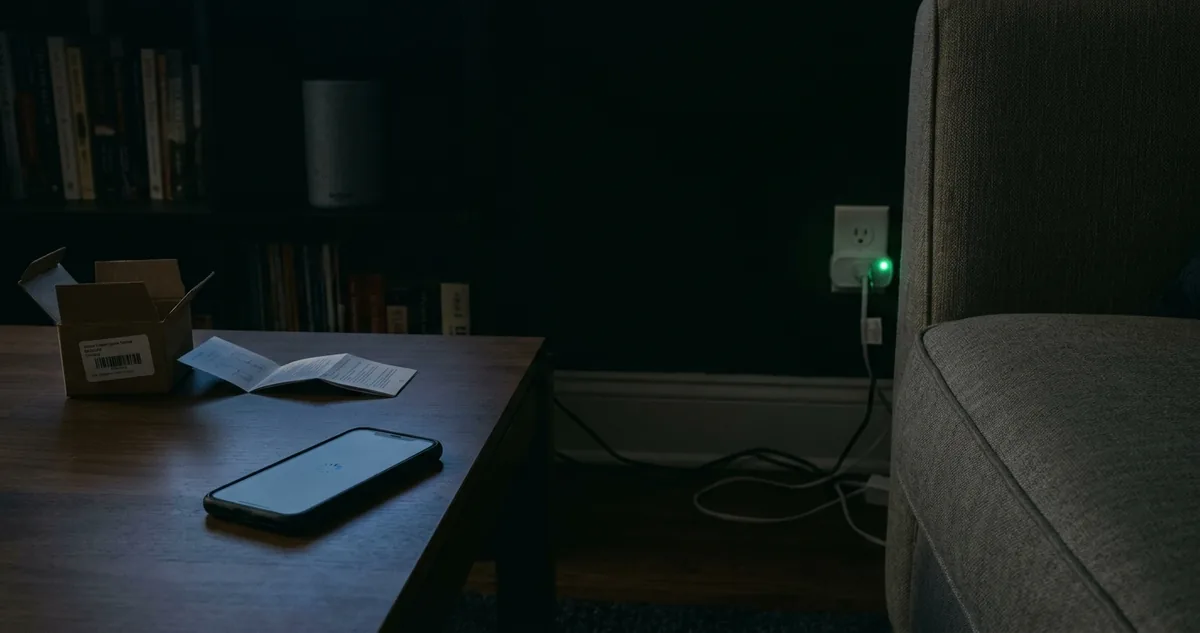 Celular conectado na faixa de 5 GHz ao lado da tomada inteligente com o LED piscando.