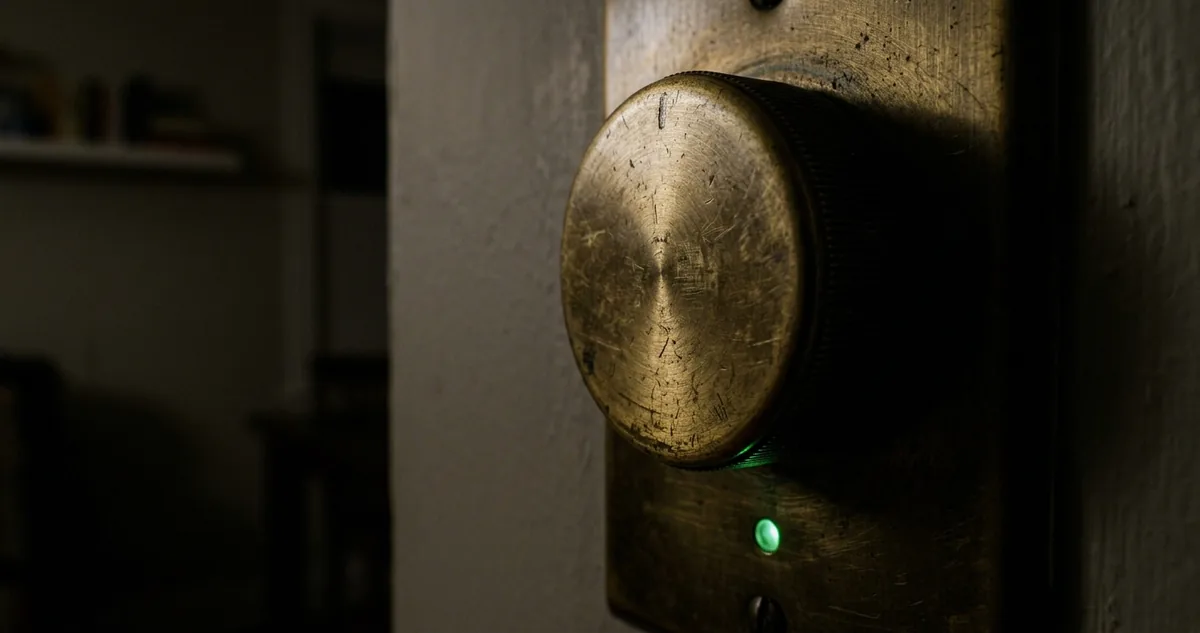 Lâmpada inteligente acesa no teto da sala com o dimmer rotativo da parede em primeiro plano, a luz tremendo no meio do brilho.
