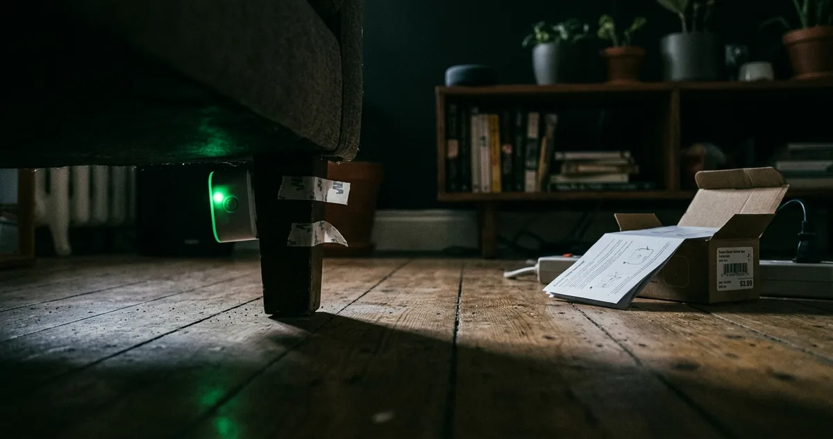Abajur com lâmpada inteligente aceso na sala ao entardecer, com a luz alaranjada do pôr do sol na janela e o celular aberto no aplicativo Alexa.
