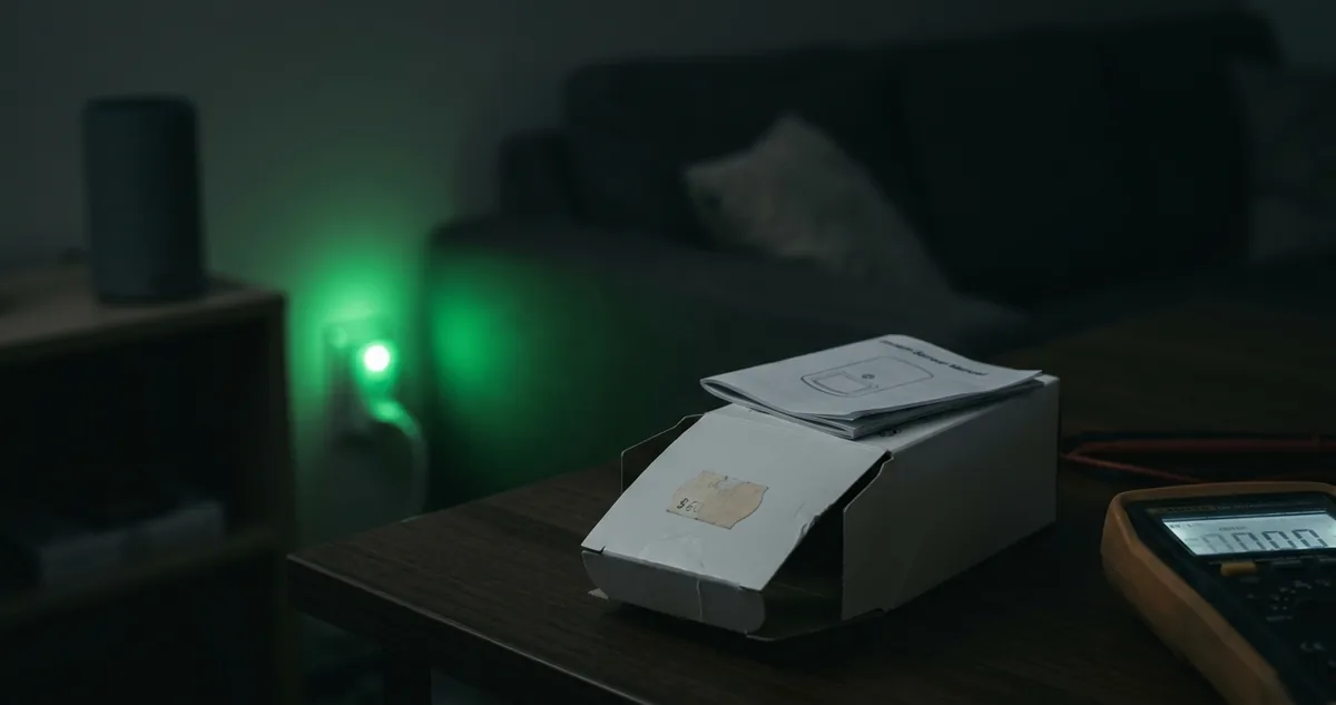 Quarto à noite com a lâmpada apagada, um Echo na mesa de cabeceira e o ventilador de coluna plugado numa tomada inteligente.