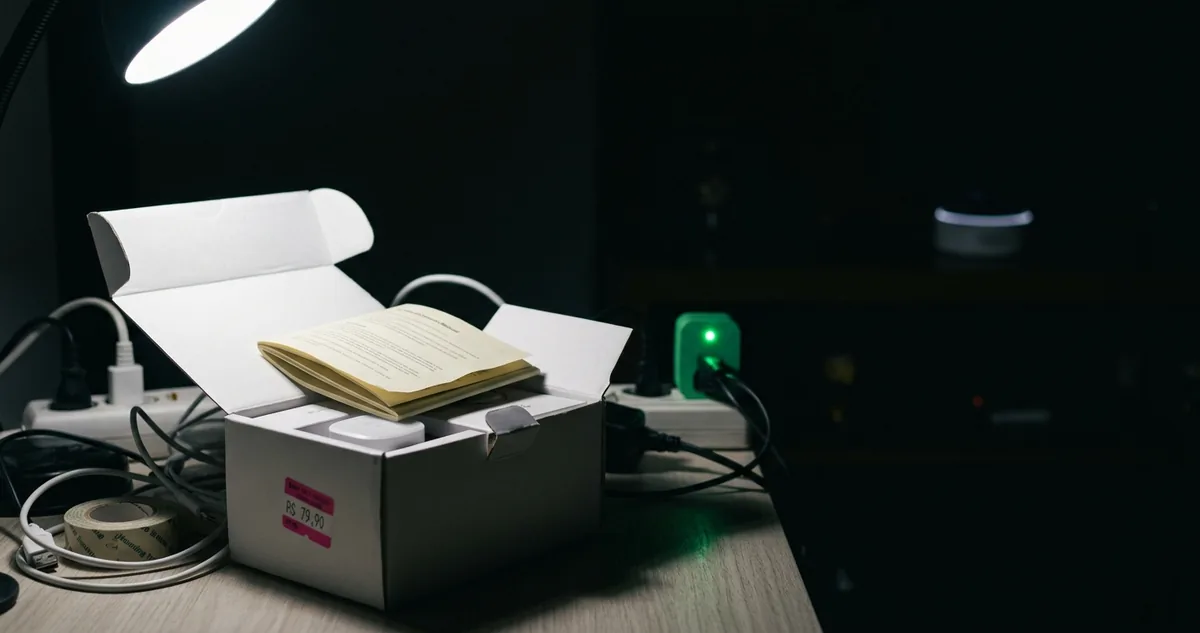 Echo sobre a bancada da cozinha com o anel de luz azul aceso ao lado de um celular aberto no Histórico de voz.