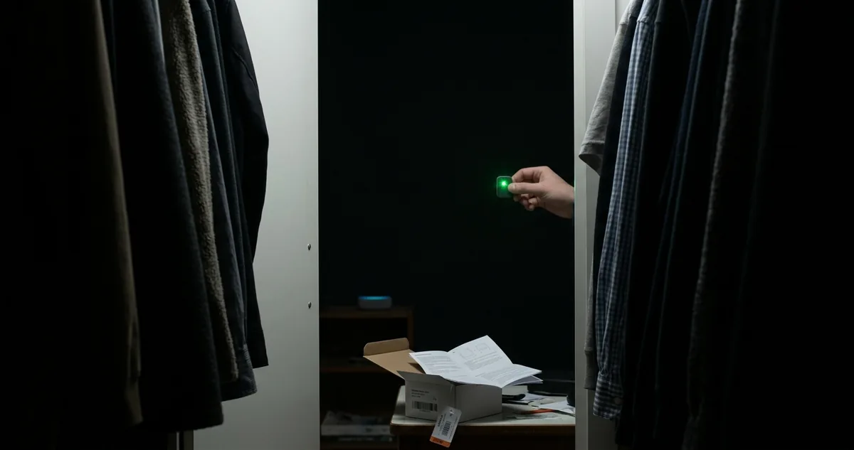 Sensor branco de umidade com tela marcando 72% preso no fundo de um guarda-roupa com casacos pendurados.