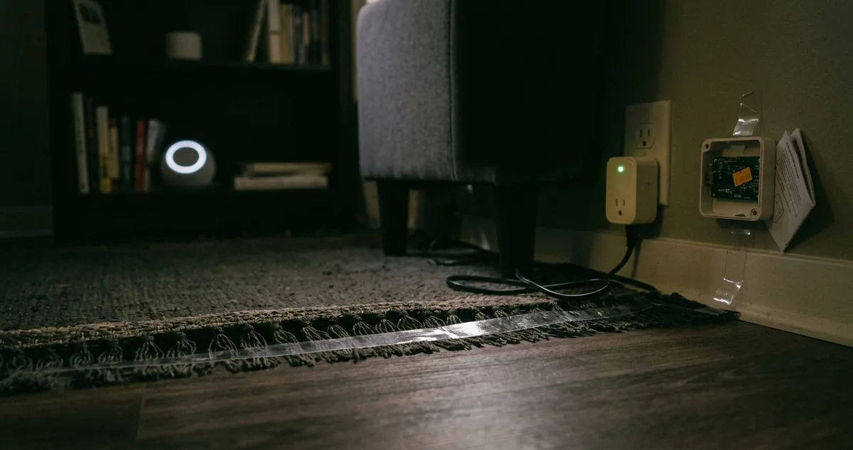 Robô aspirador redondo parado sobre a franja de um tapete, com fios enrolados na escova lateral.