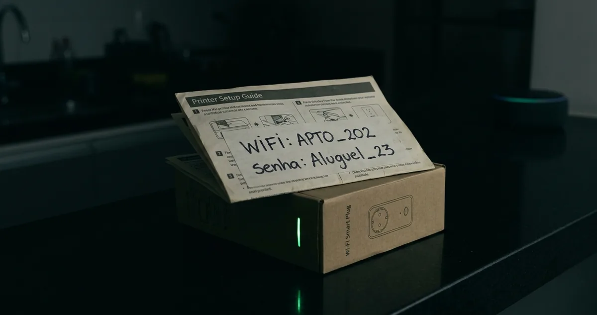 Mão segurando um roteador novo de fibra, com lâmpadas inteligentes acesas ao fundo.