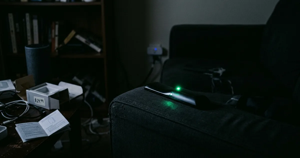 Smart TV em espera numa sala escura, com uma caixa Alexa acesa na estante.