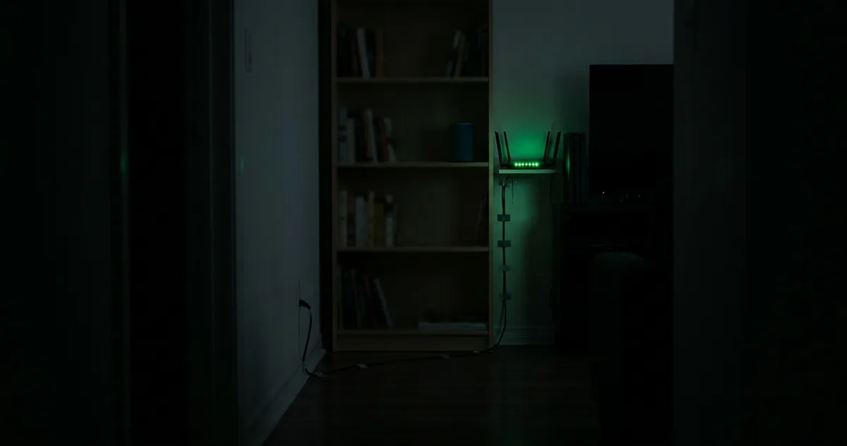 Rack de TV com filtro de linha de quatro tomadas atrás do móvel, roteador com luzes acesas.