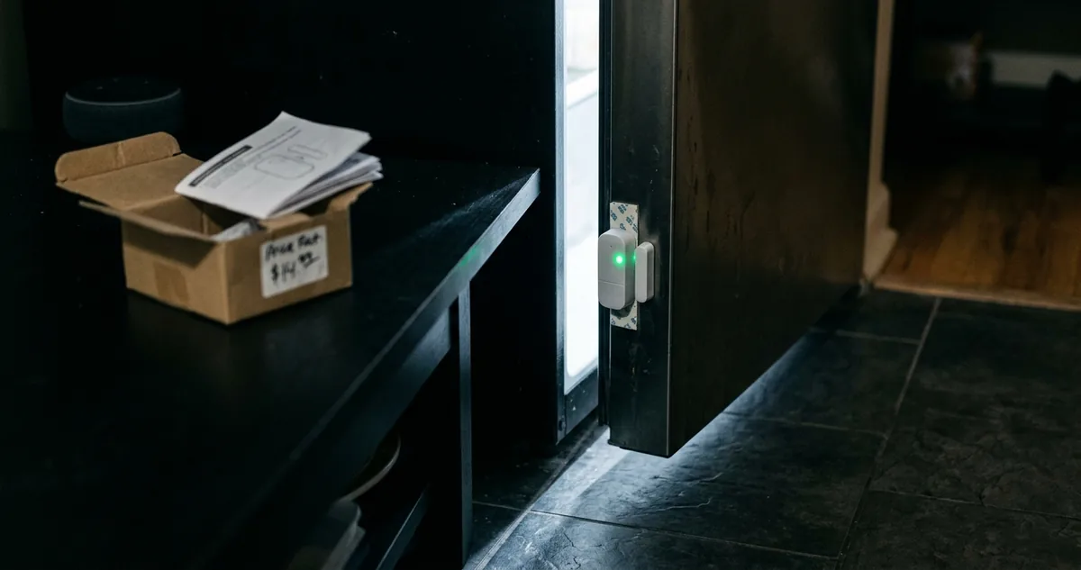 Sensor de abertura branco colado na lateral da porta de uma geladeira, com o celular mostrando o aviso de porta aberta.