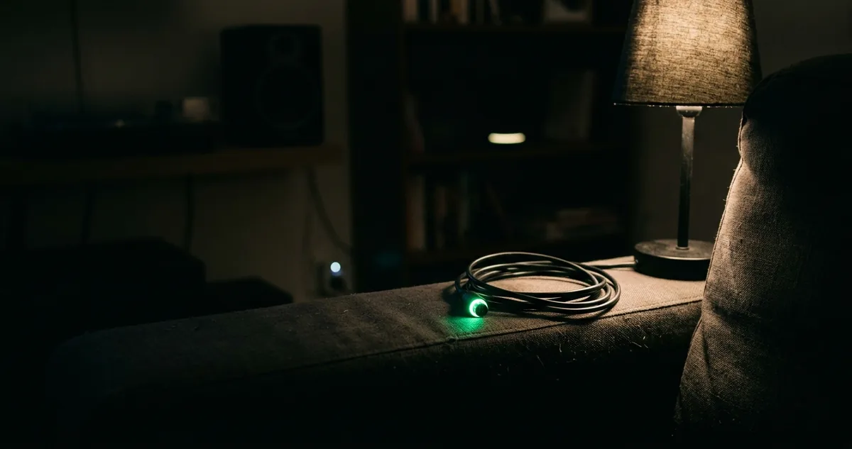 Mão acendendo o interruptor de parede numa sala escura, com um alto-falante Echo de anel vermelho no rack.