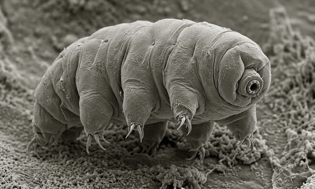 Tardígrado em microscopia eletrônica de varredura, corpo segmentado com oito patas e garras