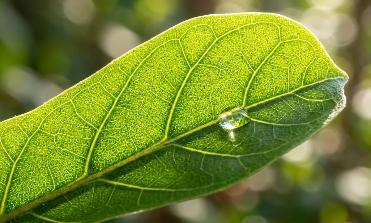 Macrofotografia de folha verde com luz solar atravessando os cloroplastos