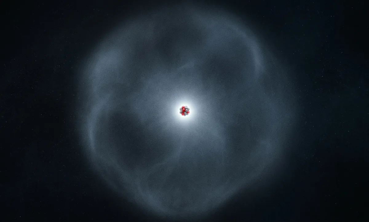 Visualização científica sóbria de um átomo com núcleo minúsculo central e a vasta nuvem de elétrons ao redor em fundo escuro