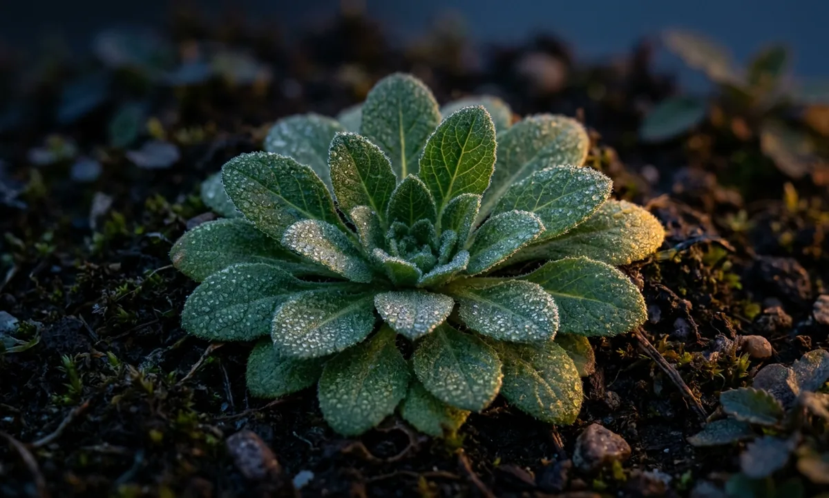 Macrofotografia de roseta de folhas de Arabidopsis ao anoitecer, luz baixa e dourada, gotas de orvalho nas folhas