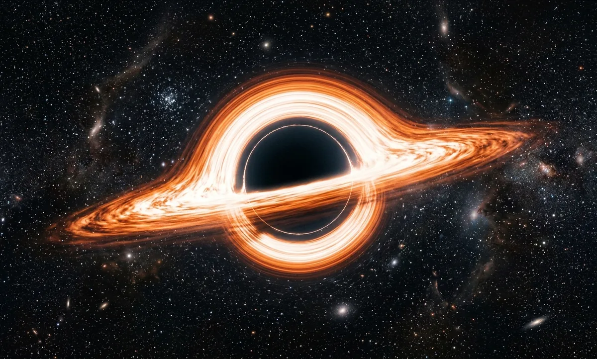 Visualização científica de um buraco negro com disco de acreção luminoso e o horizonte de eventos escuro ao centro