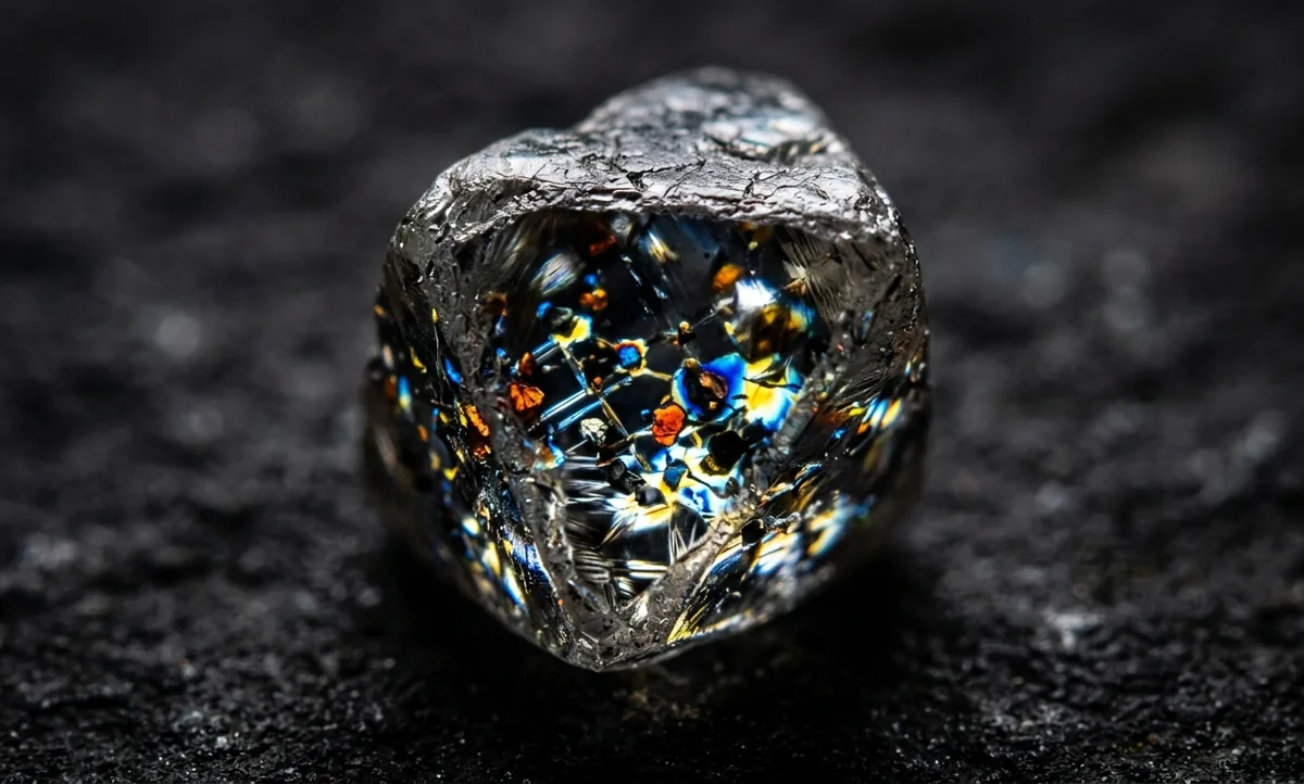 Macrofotografia de um diamante natural bruto com inclusões minerais visíveis sob luz polarizada