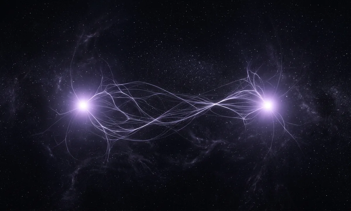 Visualização científica de dois pontos de luz entrelaçados por filamentos brilhantes sobre fundo escuro, representando partículas emaranhadas