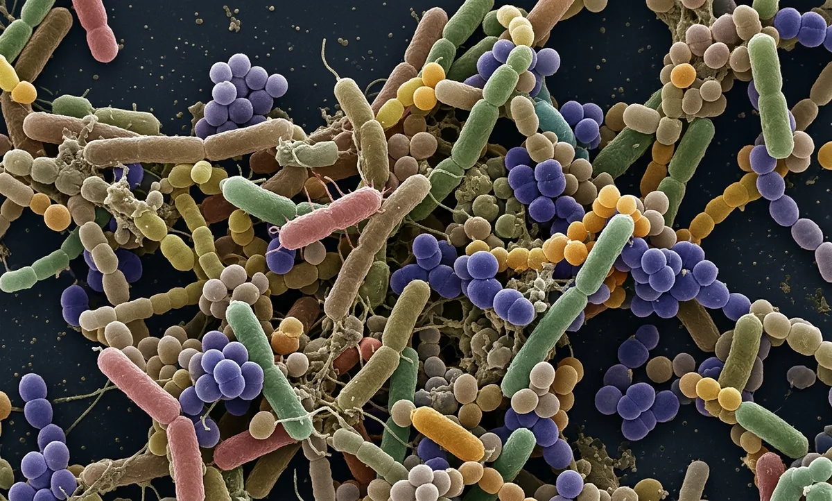 Microscopia de colônias bacterianas do microbioma intestinal humano, formas e cores variadas em alta nitidez