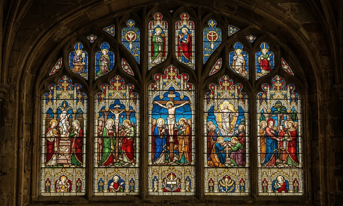 Vitral medieval de catedral iluminado pela luz do sol, com painéis de vidro coloridos e estrutura de chumbo