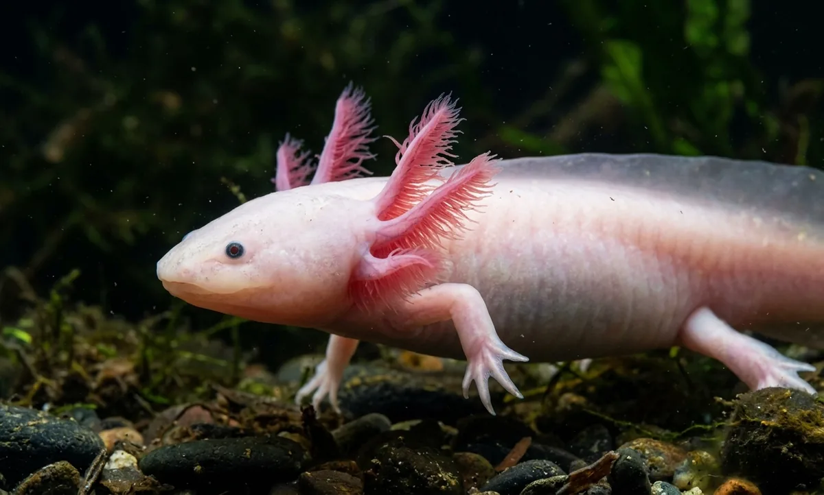 Axolote rosado de guelras externas plumosas submerso em água límpida, alta nitidez, sem texto nem pessoas