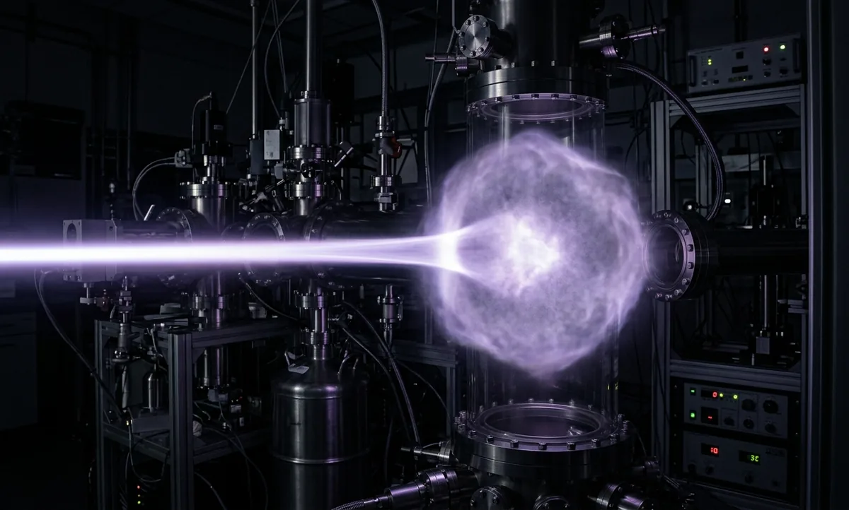 Visualização científica de um feixe de luz desacelerando ao atravessar uma nuvem densa de átomos ultrafrios, brilho suave em tons de violeta e branco sobre fundo escuro, atmosfera de laboratório criogênico