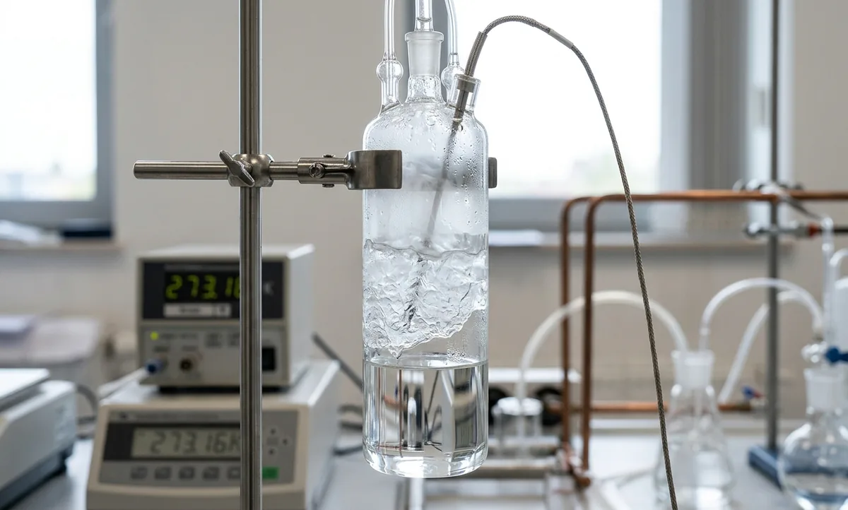 Célula de ponto triplo da água selada em vidro, com gelo, água líquida e vapor coexistindo, fotografia editorial de laboratório de metrologia em alta nitidez