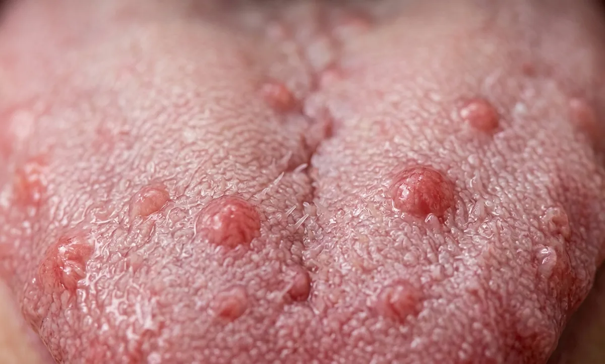 Macro extrema da superfície de uma língua humana, mostrando as papilas gustativas em detalhe sob luz natural