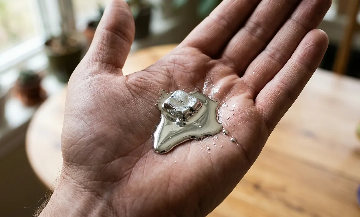 Pedaço de gálio metálico prateado começando a derreter na palma de uma mão, com uma poça líquida espelhada se formando