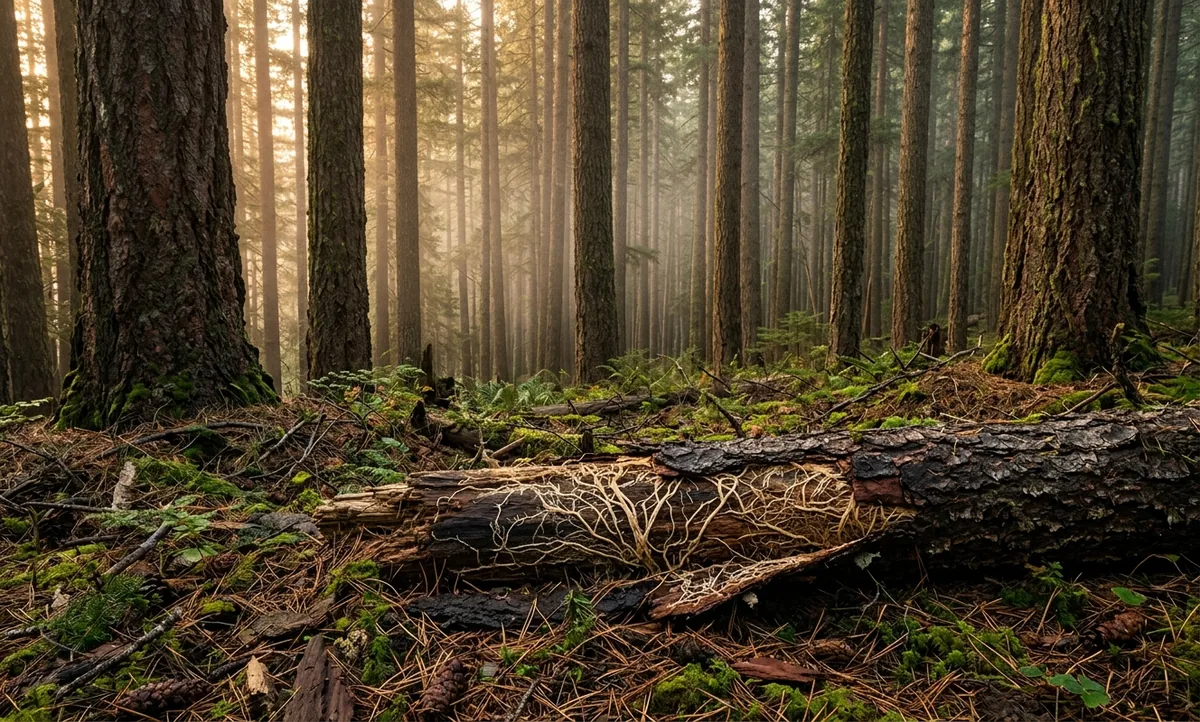 Floresta de coníferas na Malheur National Forest, no Oregon, com solo coberto de agulhas e troncos ao amanhecer, luz dourada filtrada entre as árvores