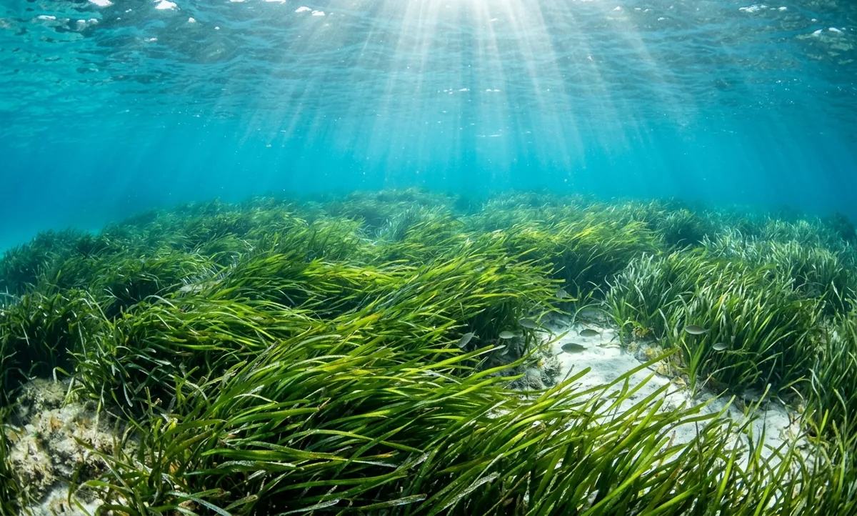 Prado submarino de Posidonia oceanica no Mediterrâneo, folhas verdes longas ondulando sobre o fundo arenoso, iluminado pela luz do sol filtrada pela água azul-turquesa