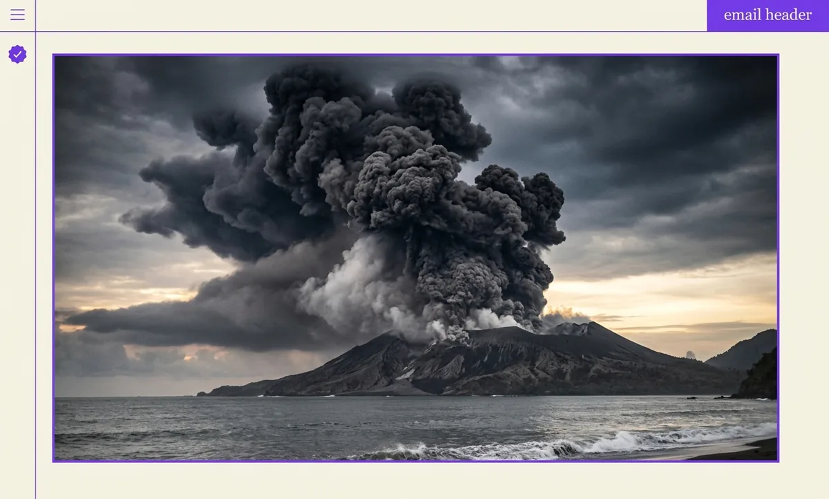 Coluna gigantesca de cinzas e fumaça subindo do vulcão Krakatoa sobre o mar, raios entre as nuvens de cinza, navios à vela pequenos ao longe num oceano agitado ao entardecer