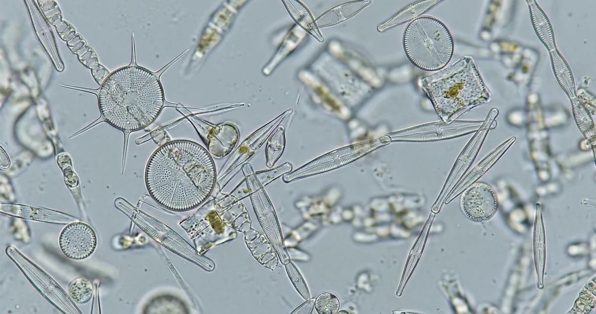 Floração de fitoplâncton vista em microscopia, células verdes e azuladas suspensas na água iluminada, com partículas brilhando sob a luz do sol que penetra no oceano