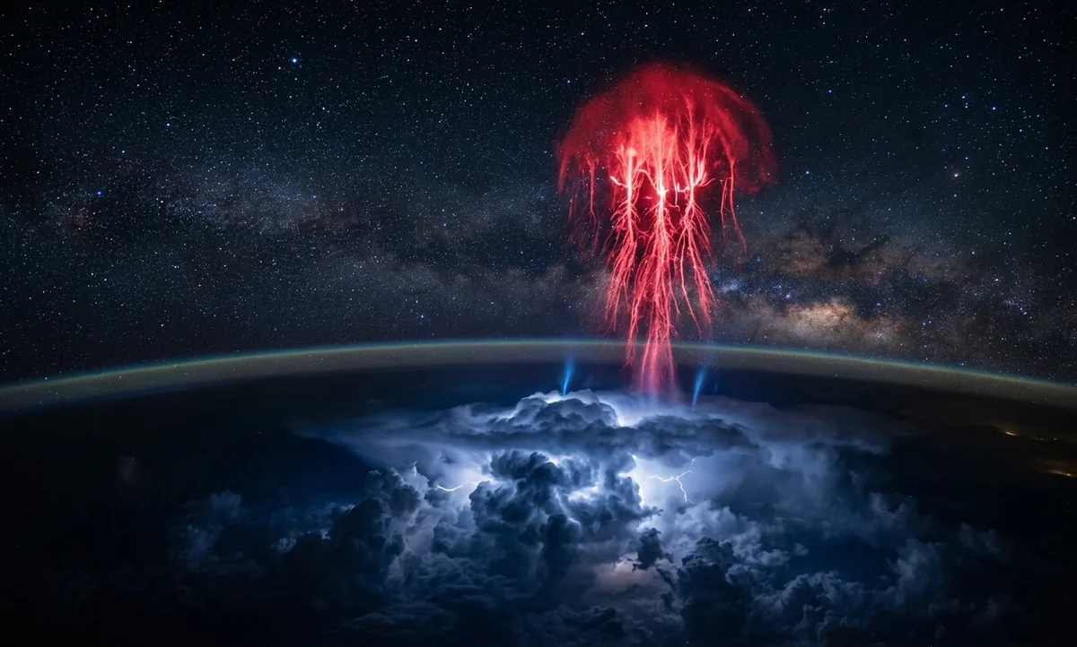 Sprite vermelho gigante em forma de água-viva subindo da alta atmosfera sobre uma tempestade noturna, com filamentos avermelhados se ramificando rumo ao espaço, céu estrelado ao fundo
