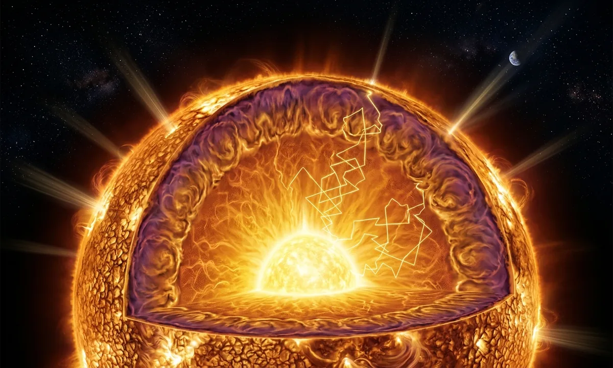 Ilustração editorial do interior do Sol em corte, mostrando um fóton em ziguezague ricocheteando do núcleo incandescente até a superfície, com feixes de luz partindo em direção à Terra ao fundo, em tons de laranja, dourado e violeta