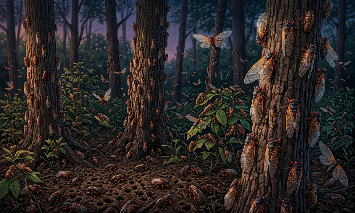 Ilustração científica editorial de cigarras Magicicada emergindo em massa do solo de uma floresta ao entardecer, ninfas subindo por troncos com asas recém-abertas, os números 13 e 17 sugeridos com discrição na composição, tons violeta e âmbar