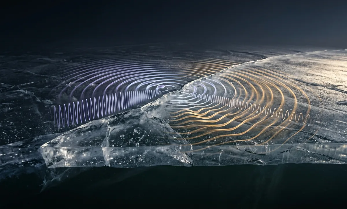 Ilustração científica editorial da superfície de um lago congelado visto rente ao gelo, com uma fissura fina correndo pela camada translúcida e ondas sonoras estilizadas se espalhando em anéis concêntricos que se abrem em faixas de frequência, tons violeta e âmbar gelado sobre fundo escuro