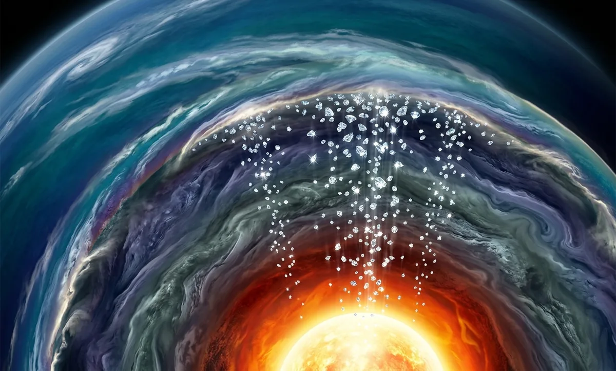 Ilustração científica editorial de um corte transversal do interior de um gigante de gelo azul profundo, mostrando cristais de diamante brilhantes caindo em cascata através de camadas de manto denso de metano e água supercomprimida, núcleo incandescente ao fundo, estilo National Geographic