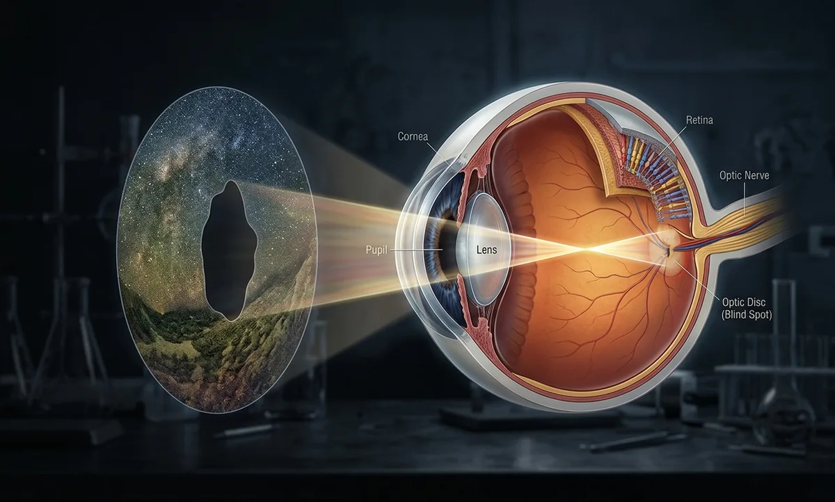 Ilustração científica editorial de um olho humano em corte, mostrando o nervo óptico atravessando a retina num ponto sem fotorreceptores, esse ponto destacado como um vazio escuro no campo de visão projetado à frente, linhas de luz entrando pela pupila, fundo escuro de laboratório, estilo National Geographic
