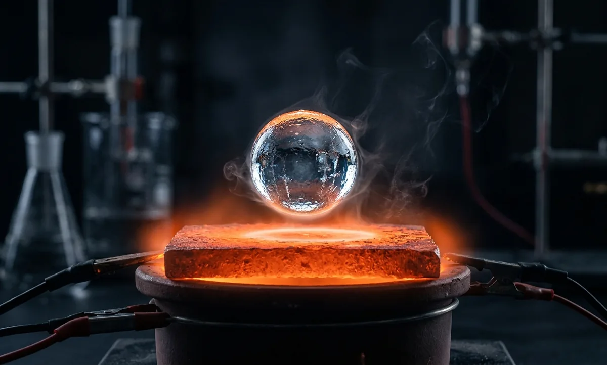 Ilustração científica editorial de uma gota d'água esférica levitando sobre uma chapa de metal incandescente, uma fina camada de vapor visível separando a gota do metal em brasa, reflexos alaranjados do calor, fundo escuro de laboratório, estilo National Geographic