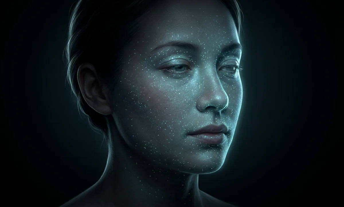 Ilustração científica editorial de um rosto humano no escuro emitindo uma tênue bioluminescência azul-esverdeada, pontos de luz saindo da pele como fótons, o rosto brilhando mais que o resto do corpo, estilo National Geographic
