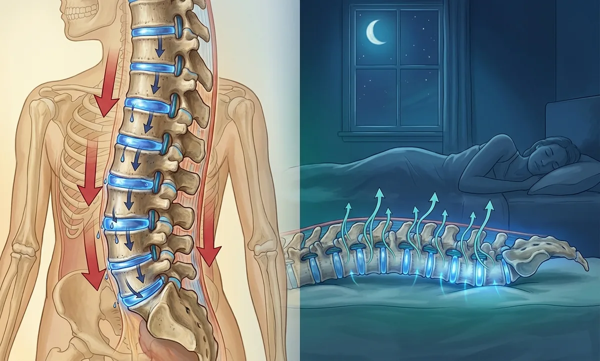 Ilustração científica editorial de uma coluna vertebral humana vista de perfil, discos intervertebrais destacados em azul, setas de compressão da gravidade apontando para baixo durante o dia e a coluna reidratada à noite, estilo National Geographic