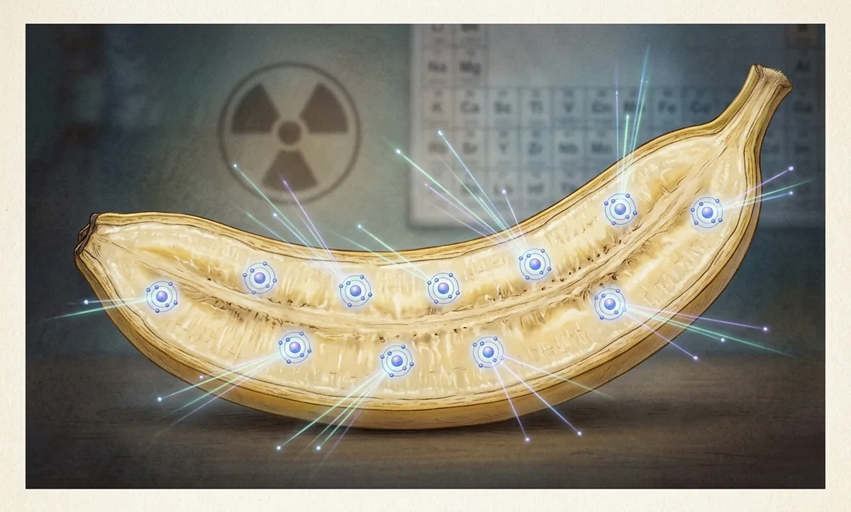 Ilustração científica editorial de uma banana cortada ao meio com átomos de potássio-40 destacados no interior emitindo partículas de radiação em traços luminosos, símbolo sutil de radioatividade ao fundo, estilo National Geographic