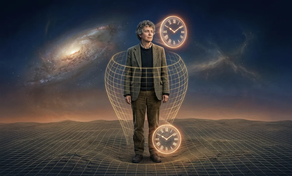 Ilustração científica editorial de uma pessoa de pé com dois relógios luminosos, um na altura da cabeça e outro na altura dos pés, marcando ritmos ligeiramente diferentes, linhas de curvatura do espaço-tempo se dobrando em direção ao chão, estilo National Geographic